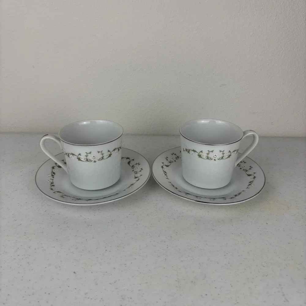 Sheffield Fine China‎ Elegance 502 Teacup and Saucer Set of 2 Japan Green Floral
